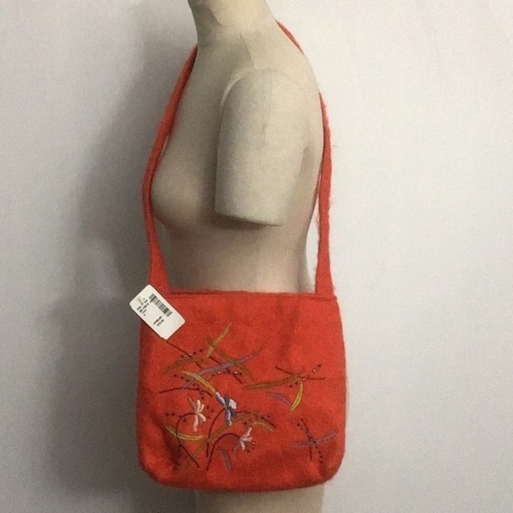 NWT Andrea Stuart NY Wool Embroidered and Beaded Crossbody Bag Orange